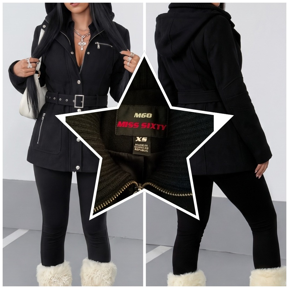 Y2k MISS SIXTY M60 Jacket XS Black Wool w removable hood Indie Sleaze Goth Cyber